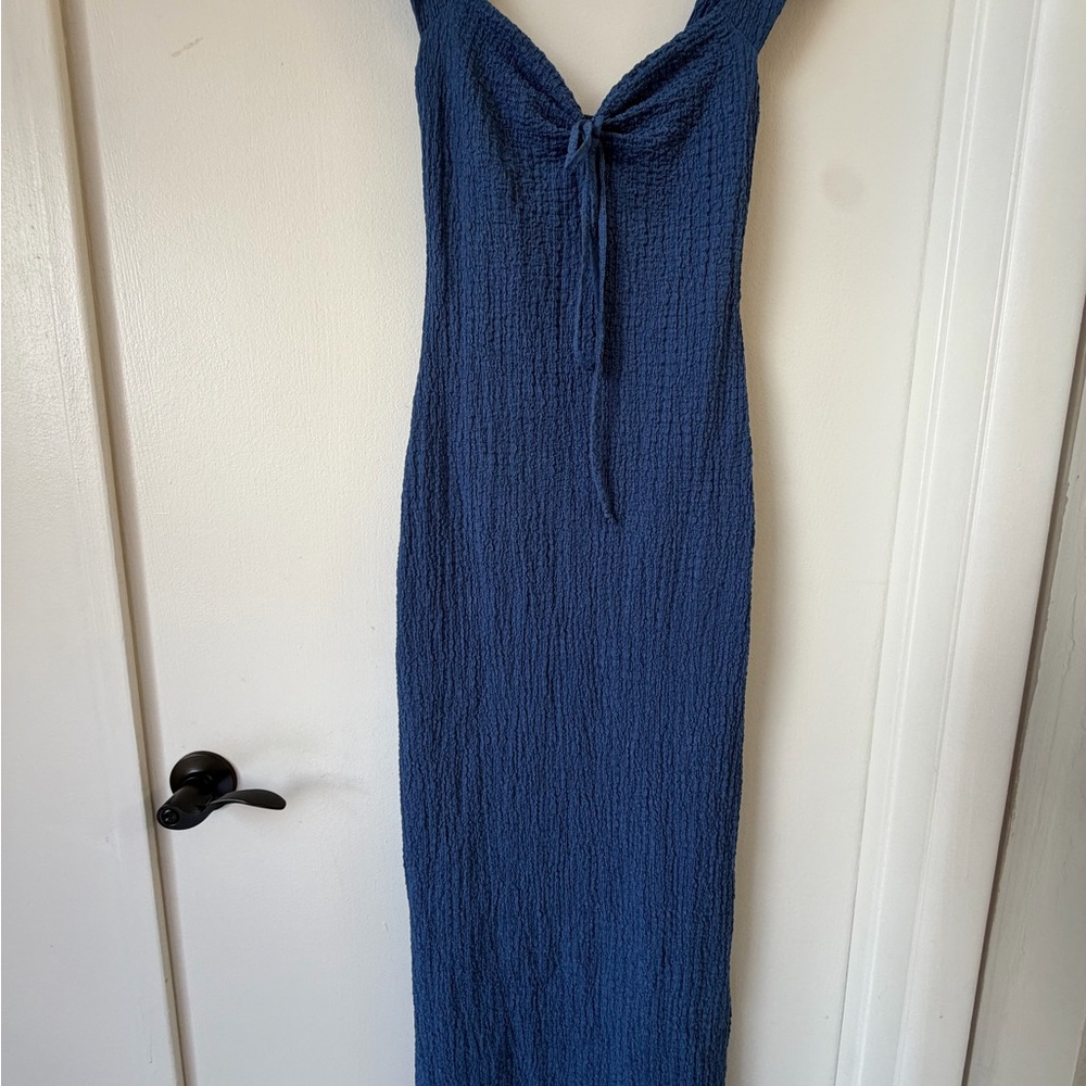 Blue Textured Midi Dress | Sleeveless Tie Front Bodycon | Stretch Knit